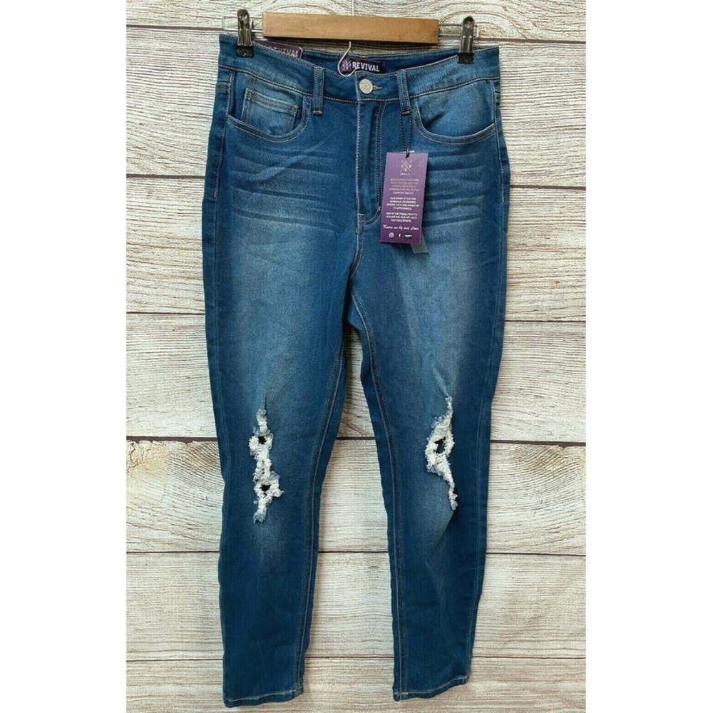 Revival Jeans Jr Womens 7/28 (29-33") High Rise Skinny Worn & Torn Stretch New